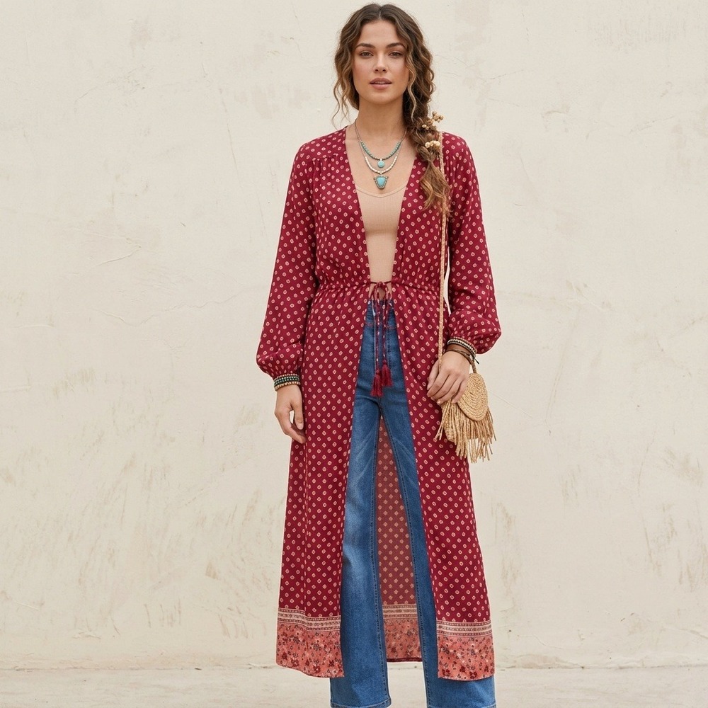 JustFab Kimono Cardigan Burgundy Floral Boho Maxi Duster Tassel Festival Sz L